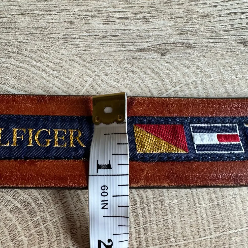 Tommy Hilfiger Vintage Spellout Logo Flags Brown Leather Branded Belt 34